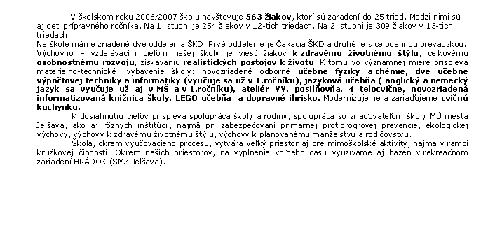 Textov� pole: 		V �kolskom roku 2006/2007 �kolu nav�tevuje 563 �iakov, ktor� s� zaraden� do 25 tried. Medzi nimi s� aj deti pr�pravn�ho ro�n�ka. Na 1. stupni je 254 �iakov v&nbsp;12-tich triedach. Na 2. stupni je 309 �iakov v&nbsp;13-tich triedach.Na �kole m�me zriaden� dve oddelenia �KD. Prv� oddelenie je �akacia �KD a&nbsp;druh� je s&nbsp;celodennou prev�dzkou.V�chovno � vzdel�vac�m cie�om na�ej �koly je vies� �iakov k&nbsp;zdrav�mu �ivotn�mu �t�lu, celkov�mu osobnostn�mu rozvoju, z�skavaniu realistick�ch postojov k&nbsp;�ivotu. K&nbsp;tomu vo v�znamnej miere prispieva materi�lno-technick�&nbsp; vybavenie �koly: novozriaden� odborn� u�ebne fyziky a&nbsp;ch�mie, dve u�ebne v�po�tovej techniky a&nbsp;informatiky (vyu�uje sa u� v&nbsp;1.ro�n�ku), jazykov� u�eb�a ( anglick� a&nbsp;nemeck� jazyk sa vyu�uje u� aj v&nbsp;M� a&nbsp;v&nbsp;1.ro�n�ku), ateli�r VV, posil�ov�a, 4 telocvi�ne, novozriaden� informatizovan� kni�nica �koly, LEGO u�eb�a  a&nbsp;dopravn� ihrisko.&nbsp;Modernizujeme a&nbsp;zaria�ujeme cvi�n� kuchynku.&nbsp;&nbsp;&nbsp;&nbsp;&nbsp;&nbsp;&nbsp;&nbsp;&nbsp;&nbsp;&nbsp;&nbsp; K&nbsp;dosiahnutiu cie�ov prispieva spolupr�ca �koly a&nbsp;rodiny, spolupr�ca so zria�ovate�om �koly M� mesta Jel�ava, ako aj r�znych in�tit�ci�, najm� pri zabezpe�ovan� prim�rnej protidrogrovej prevencie, ekologickej v�chovy, v�chovy k&nbsp;zdrav�mu �ivotn�mu �t�lu, v�chovy k&nbsp;pl�novan�mu man�elstvu a&nbsp;rodi�ovstvu.&nbsp;&nbsp;&nbsp;&nbsp;&nbsp;&nbsp;&nbsp;&nbsp;&nbsp;&nbsp;&nbsp;&nbsp; �kola, okrem vyu�ovacieho procesu, vytv�ra ve�k� priestor aj pre mimo�kolsk� aktivity, najm� v&nbsp;r�mci kr��kovej �innosti. Okrem na�ich priestorov, na vyplnenie vo�n�ho �asu vyu��vame aj baz�n v&nbsp;rekrea�nom zariaden� HR�DOK (SMZ Jel�ava).